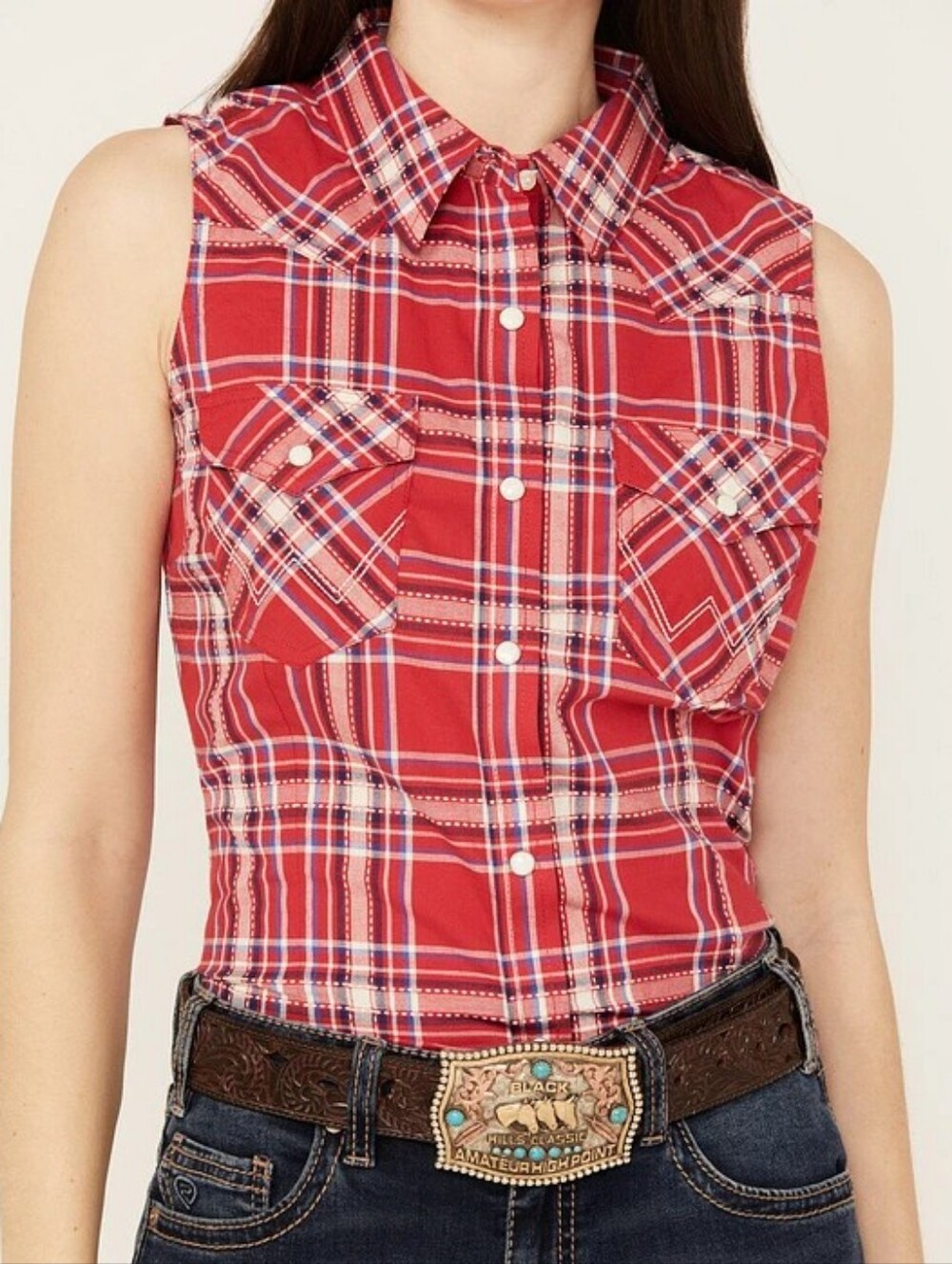 NWT Wrangler Retro Sleeveless Plaid Print Snap Western Shirt